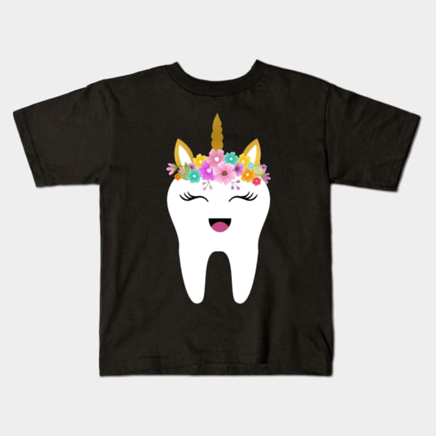 Unicorn Tooth Dentist Tooth Fairy Gift First Tooth Kids T-Shirt by Kink4on